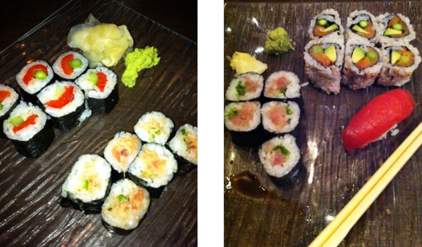 Left: Asparagus–Red Pepper and Spicy Tuna Maki; Right: Yellowtail and Green Onion and Smoked Salmon, Asparagus and Avocado 