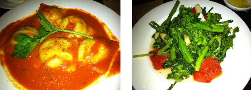 Left to right: Gluten-free Eggplant Ravioli with Marinara; Broccoli Rabe