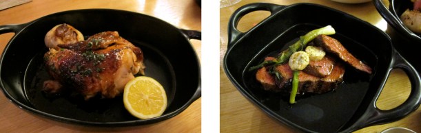 Left: Pan Roasted Chicken with Lemon, Rosemary and Garlic; Right: Wood Grilled Pine Ridge Coulotte with Hazelnut Marrow Butter 