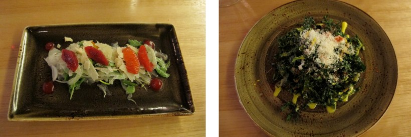 Left: Fennel, Arugula and Parmesan Salad; Right: Kale Caesar with Whitmore Farm Egg 