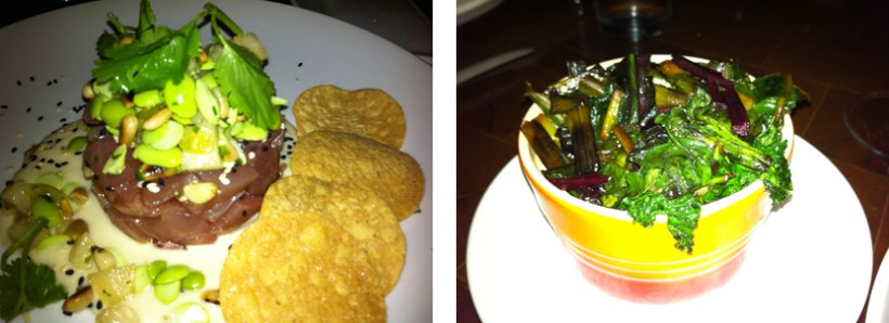 Left: Yellowfin Tuna Tartare; Right: Braised Greens