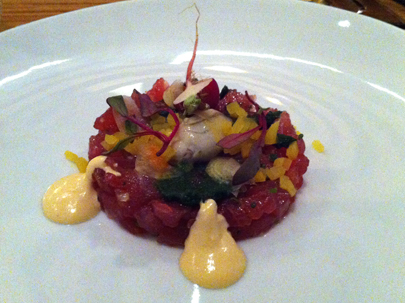 Tuna Tartar with Uni Sauce, Oyster, Pickeled Daikon and Kimchi Puree