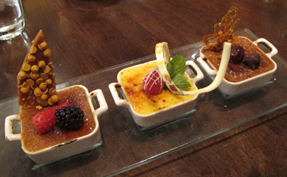 Trio of Creme Brulee: butterscotch, white chocolate-raspberry, and milk chocolate-hazelnut.