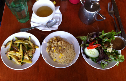Curried Squash, Quinoa with Zucchini and Corn, and Mixed Greens