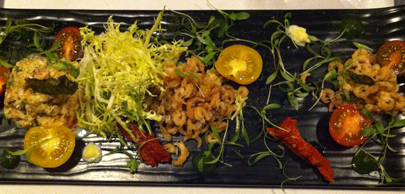 Tomaat Met Noordzee Garnalen,tiny grey shrimp with tomato confit and basil