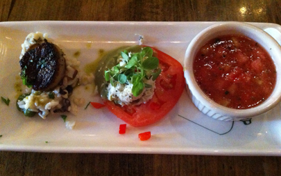 The Chesapeake Room: Seared scallops over mushroom risotto, crab stack, and watermelon gazpacho