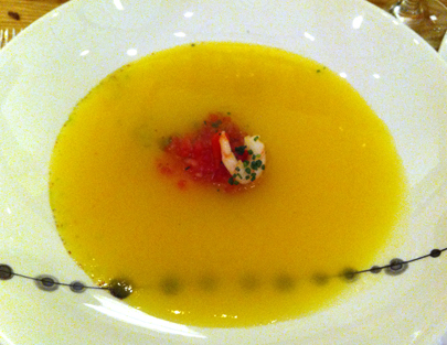 Yellow Gazpacho with watermelon, shrimp and sweetie drop peppers
