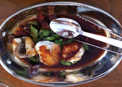 Monkfish with red wine jus, foie gras, bacon and green bean salad