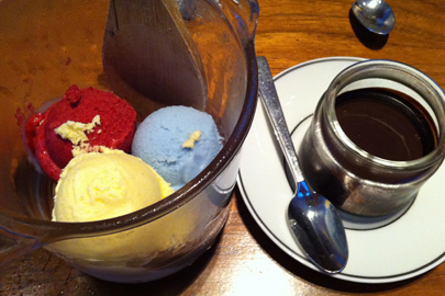 Honey vanilla ice cream, candied violet frozen yogurt and cherry blossom sorbet with a side of chocolate sauce