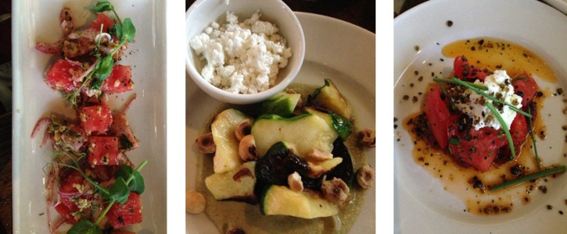 Watermelon salad, roasted zucchini and heirloom tomato salad