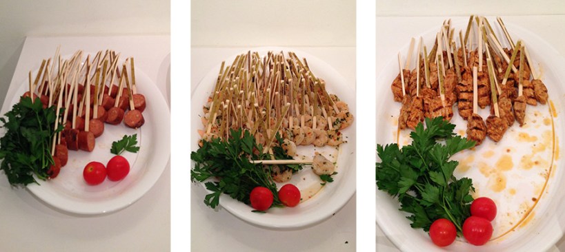 Mediteranean skewer bar with (left to right) chorizo, shrimp and chicken.