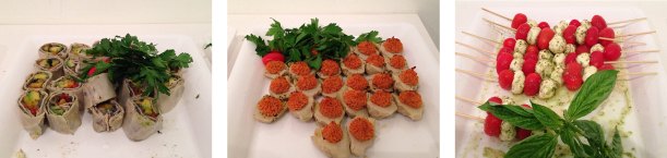 (Left to Right) Vegetable rollups; artichokes with sun-dried tomato; tomato, mozzarella and basil skewers.