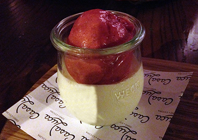 Panna cota with cherry/strawberry sorbet