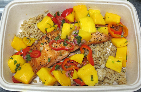 Salmon filet with mango salsa and brown rice
