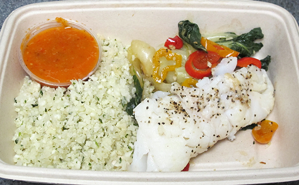 Seared haddock with a soy glaze, riced cauliflower, baby bok choy and peppers